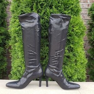 Bruno Magli Embossed Leather Heeled Boot Black 6